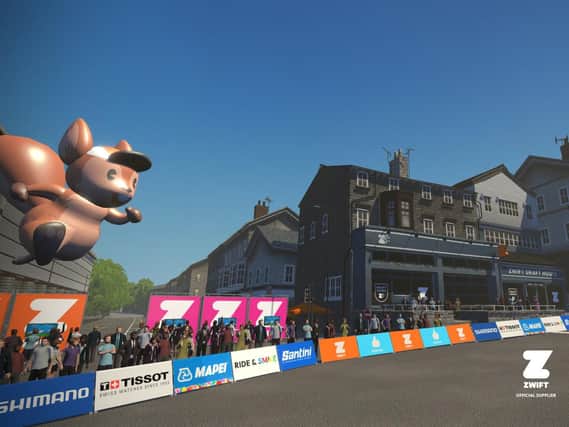 A digital visualisation of part of the finishing course in Harrogate, including the Zwift Draft House and Cold Bath Brewing Co on Kings Road, during the UCI Road World Championships.