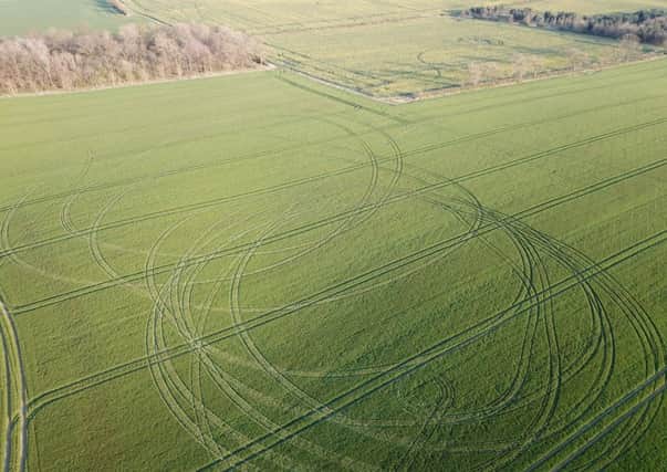 Aerial photograph of damge caused to crops in the Richmondshire area in April 2019 by a vehicle driven by suspected poachers. Picture supplied by North Yorkshire Police.
