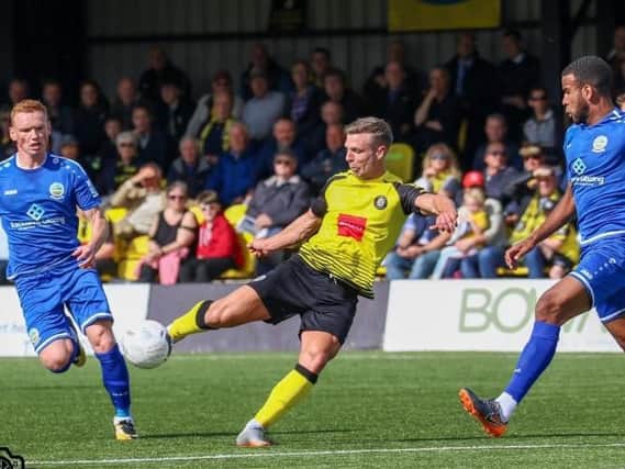Jack Muldoon shoots at goal during Harrogate Town's home defeat to Dover Athletic. Picture: Matt Kirkham
