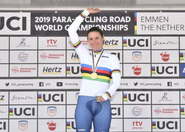 Picture by Allan McKenzie/SWpix.com - 12/09/2019 - Sport - Cycling - UCI Para Cycling Road World Championships 2019 - Emmen, Netherlands - Great Britain's Dame Sarah Storey takes the Rainbow Jersey in the WC5 time trial.
