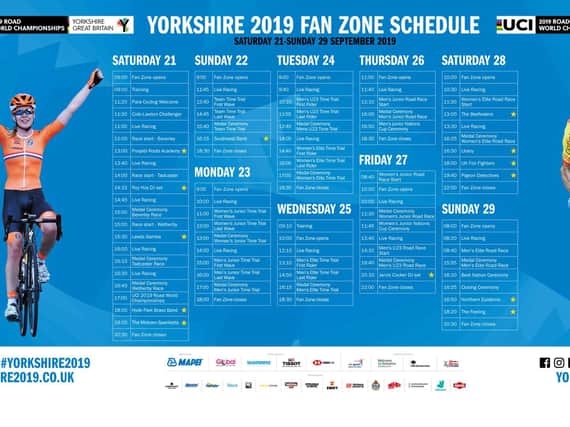 The actual day by day schedule of activities and live entertainment at the Harrogate Fan Zone during the UCI Road World Championships.