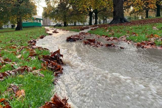 Rivers of water running down Montpellier Hill on the Stray in Harrogate this morning.