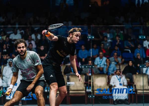 James Willstrop plays a backhand on his way to victory over Karim Abdel Gawad in Doha.Picture courtesy of PSA World Tour.