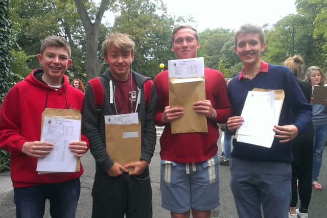 Owen Jackson, Callum McLeod, Jack Barthorpe and William Urukalo collect their GCSE results