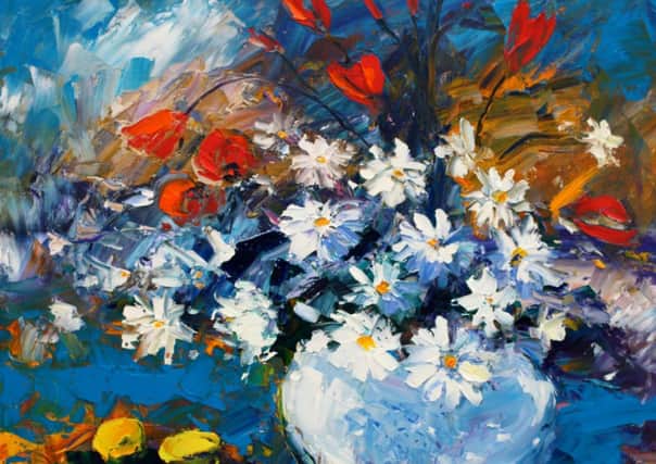 Tulip with Daisies and Lemons, 24 x 24 in., by John Lowrie Morrison OBE. Part of a Walker Galleries exhibition which runs until September 27.
