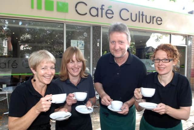NADV 1409082AM1 Graham Cater with staff members. Graham Carter  of Cafe Culture with staff members Alexandra Rous, Hilary Harrison and Sarah Whitehead who took part in the educational programme to make Harrogate more dementia friendly. Picture : Adrian Murray.(1409082AM1)
