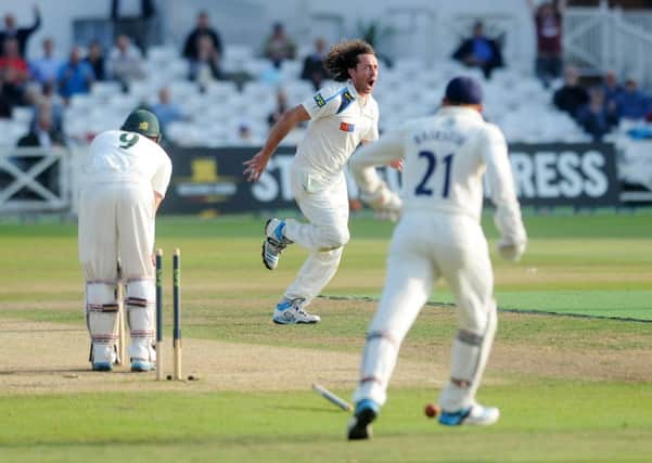 Yorkshire's Ryan Sidebottom (centre). Picture: Jonathan Gawthorpe.