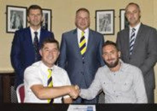 Tadcaster Albion owners i2i Sports and manager Paul Marshall with Jonathan Greening