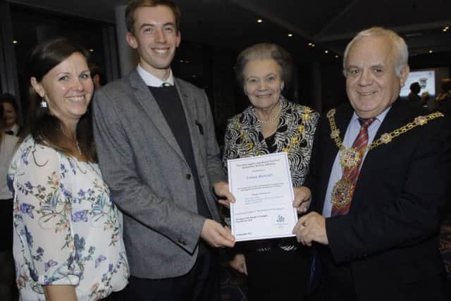 NADV 1409222AM3 Launch of Dementia Friendly Community Initiative. James Metcalf of the Harogate Advertiser with  Nattie Newall, The Mayoress of Harrogate Shirley Fawcett and The Mayor Jim Clark. (1409222AM3)