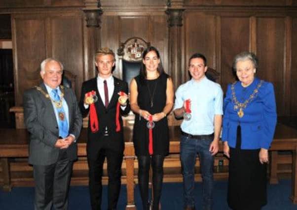 The Mayor of Harrogate Coun Jim Clark with Jack Laugher, Jenny Duncalf, Oliver Dingley and the Mayoress of Harrogate Coun Shirley Fawcett (s).