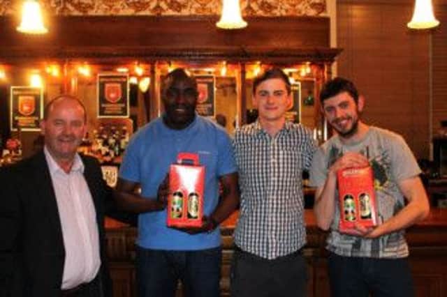 Comedian of the Year contest at Harrogate Comedy Festival - Vincent Staunton (Daleside Brewery), winner MC Africa Zulu, Chris Lewington (Daleside Brewery) and Harrogate Comedy Festival compere Danny Duggan.
