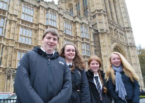 Rossett students Katie Lofthouse and Nathan Robinson (Year 11) and Amy Laws and Imogen Fisher (Year 9) outside the Houses of Parliament.