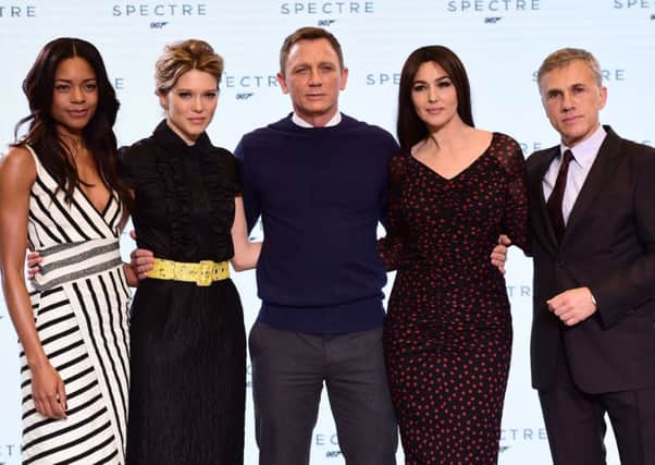 From left: Naomie Harris, Lea Seydoux, Daniel Craig, Monica Bellucci and Christoph Waltz at the revealing of the new James Bond film