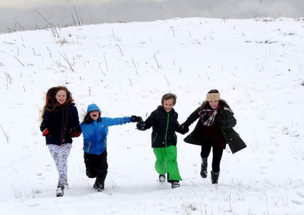 180114 Friends from Harrogate  l to r  Ellie Swales 13, Chaley Swales 10, Finlay Lazenby 9 and Meg Lazenby 12 at  Stanburn Forest near Beckwithshaw  in the snow  that fell over the weekend.(GL100457f)