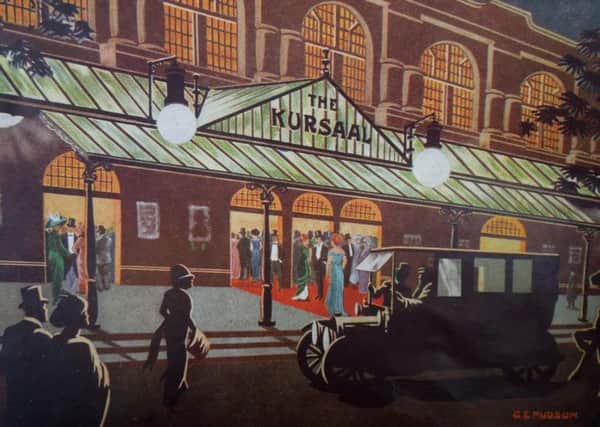 A 1912 art deco poster of Harrogates Royal Hall, formerly the Kursaal, supplied by Mike Hine (s).