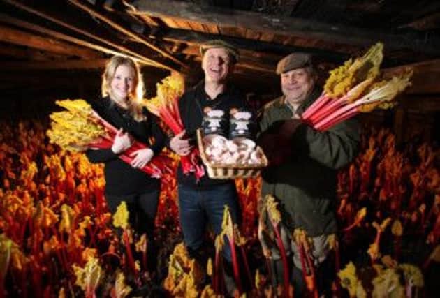 Jenny Hart and Rob Whitehead from the Serious Sweet Company with Jonathan Westwood of rhubarb-grower D Westwood & Sons. (S)