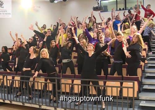 Harrogate Grammar School dance, drama, performing arts, and theatre studies students dance through the school to Uptown Funk. (S)