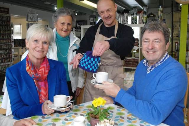 Alan and his wife Alison with Anne Moore and Mark Walker in the Horticap cafe. (1502131AM7) Picture by Adrian Murray.
