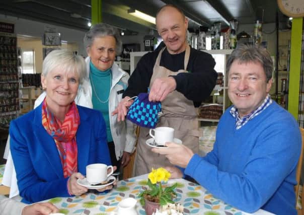 Alan and his wife Alison with Anne Moore and Mark Walker in the Horticap cafe. (1502131AM7) Picture by Adrian Murray.