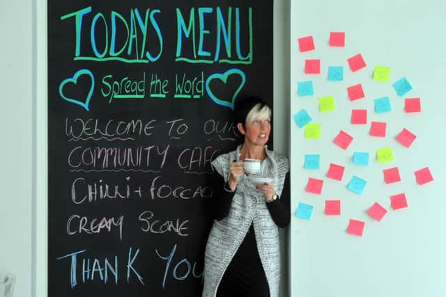 29 April 2015.......      Corrina Young who is opening Corrina and Friends Community Cafe, in Harrogate which is a regular cafe that between the hours of five and six is only open to those who need help most. Customers are encourage to 'suspend' a menu item - buy an extra coffee or sandwich, stick a note on a post it on the wall where anyone who can't afford it can grab one off the wall and cash it in. TJ100817a Picture by Tony Johnson