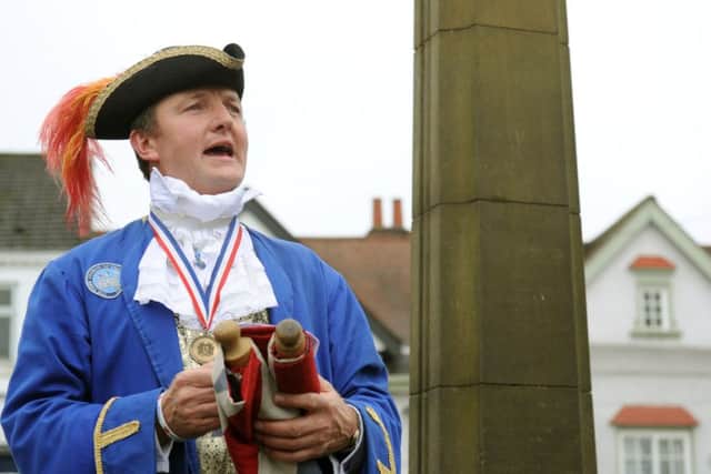 24/10/12   Knaresborough Town Crier Simon Shaw  back on his first official engagement in the Market square,  Knaresborough next to the market cross