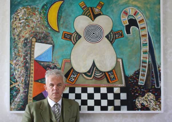 108 Fine Art gallery's Andrew Stewart in front of Alan Davie's Mama Idol, oil on canvas, painted in 1974.