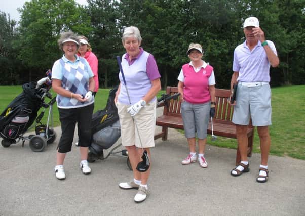 A team from Otley GC with the starter at the first tee during Alison Nicholas Fund Day at Ripon GC.