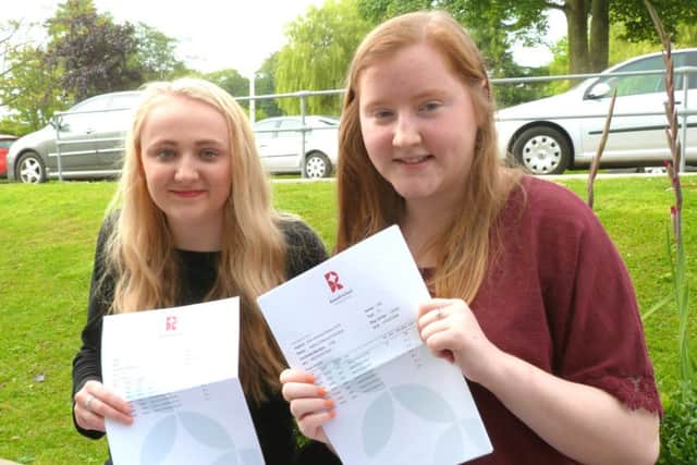 Abi Jameson and Kathryn Schofield celebrate with their A level results at Rossett School.