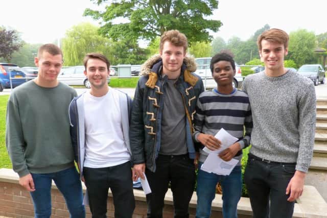 Adam Robertson, Devid Leitch, Reece Robinson, Keith Zhakata and Oliver Bell celebrarte their A level results at Rossett School.