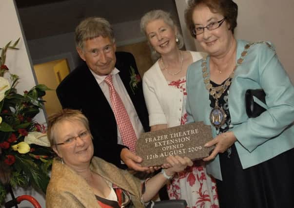 David Nobbs with Chair of the Knaresborough Players Committe Shirley Holden (seated) and Bernie Costhwaite at the opening of the restored Frazer Theater. (AM090812c)