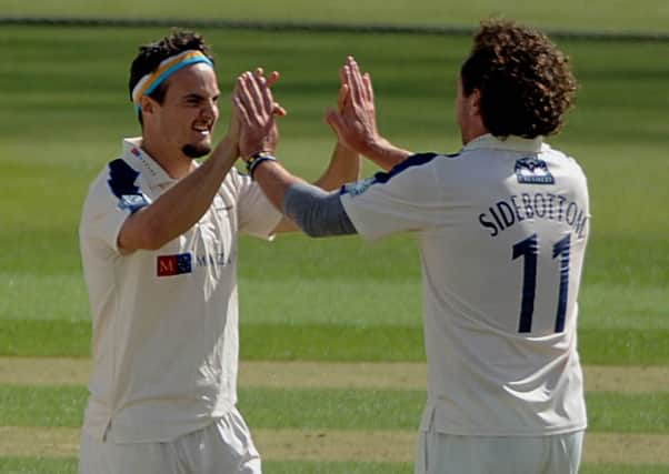 Jack Brooks, left, took five wickets and Ryan Sidebottom, right, two as Yorkshire dismissed Somerset for 110 (Picture: swpix.com).