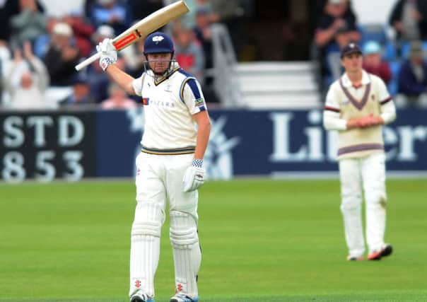 Yorkshire's Jonny Bairstow acknowledges reaching his 50 at Headingley on Wednesday. Picture: Jonathan Gawthorpe.