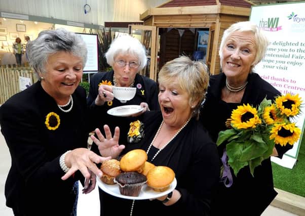 The WI Centennial Fair, held at the Harrogate International Centre. Pictured are  Calendar Girls (left to right) Chris Clancy, Beryl Bamforth, Ros Fawcett, and Tricia Stewart, helping to launch the event.
