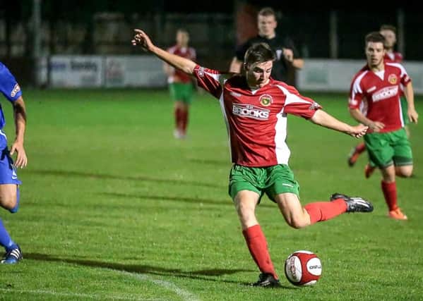 Harry Brown scores the opening goal of the game for Harrogate Railway (Photos: Caught Light Photography)