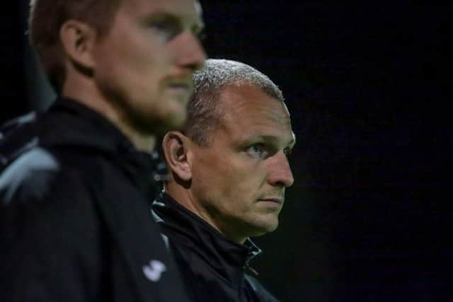 Lee Ashforth, right, alongside assistant manager Simon Wood, who is fit to return to the Harrogate Town team (Photo: Caught Light Photography)