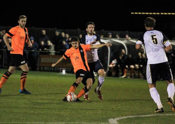 Action from Worksop Town v Tadcaster Albion at Sandy Lane on Wednesday October 21st 2015. Tom Elliot in action for Worksop.