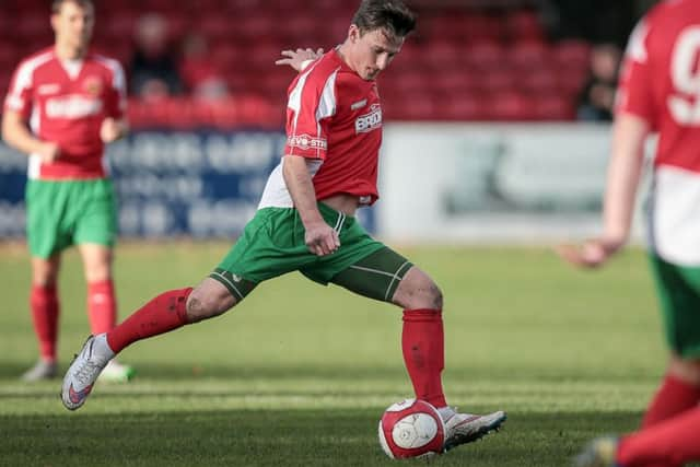 Harrogate Railway captain Dan Thirkell scored a late equaliser at Brighouse Town on Saturday (Photo: Caught Light Photography)