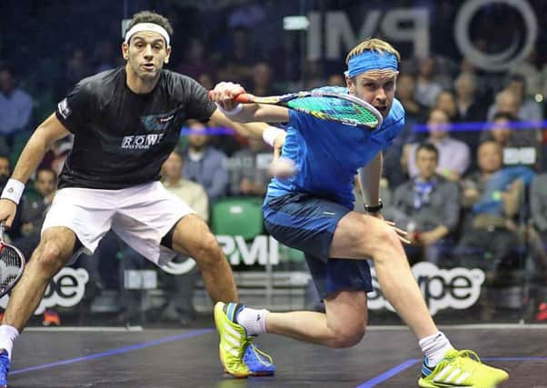James Willstrop, right, on his way to victory over tournament favourite and world No 1 Mohamed Elshorbagy at the World Championships. Picture: squashpics.com