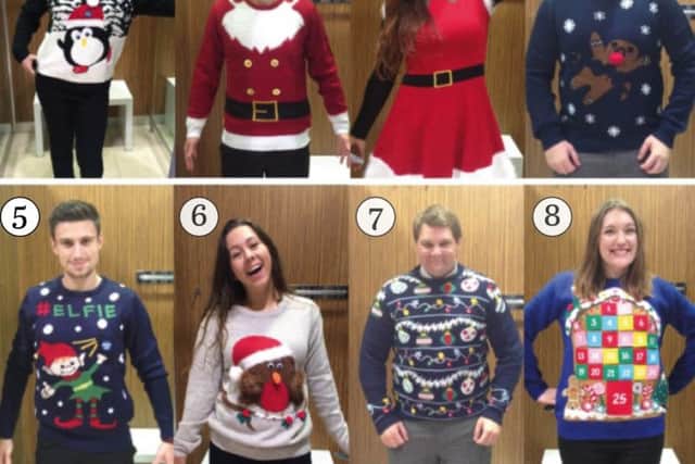 The Harrogate Advertiser team show off eight jumpers found in Primark (one to eight from top left to right)