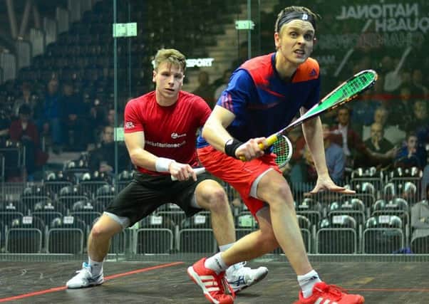 James Willstrop, right, lost out to world No 1 Gregory Gaultier in the second round of the Hong Kong Open on Thursday. Picture: Steve Cubbins/squashsite.com