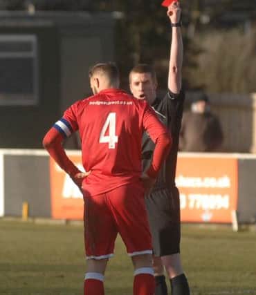 Chorley's captain Andy Teague was sent off for his foul on Gascoigne. Picture : Adrian Murray. (1502213AM4)