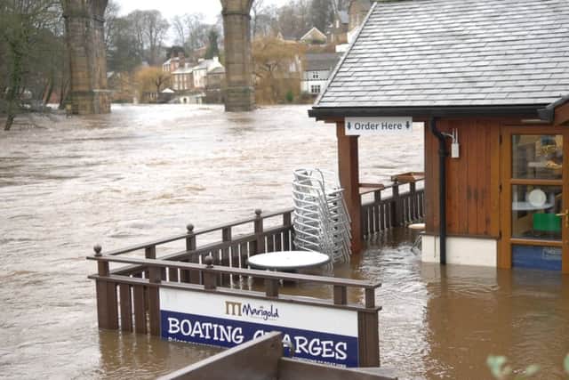 A flooded cafe next to the river Nidd in Knaresborough.