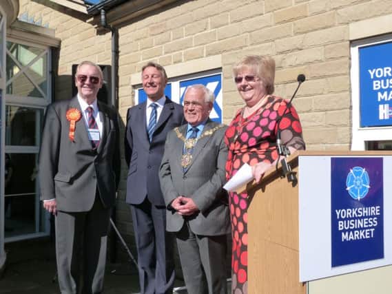Brian Dunsby, chief executive of Harrogate Chamber of Trade and Commerce, the Lord Lieutenant of North Yorkshire Barry Dodd CBE, Harrogate mayor Coun Jim Clark, and Chamber president Sandra Doherty at the Yorkshire Business Market 2015. (S)