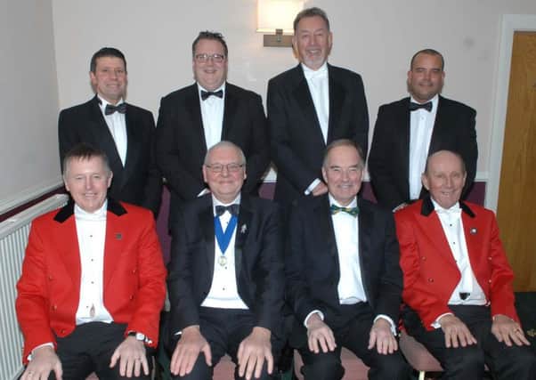 Oakdale Golf Club dinner. Top Table back row. Clive Dell (Professional Oakdale GC), Martin Fountain (Capt. Oakdale GC). David Cooke (MC) and Les Gibson (Guest Speaker). Front row. Stuart Taylor (Captain of Captains), Ian Smith (President HDUGC), Jerry Dexter (President Oakdale GC) and Peter Finnegan (Capt. Oakdale GC).