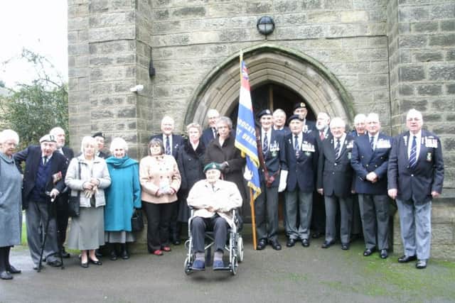 Harrogate and District RNA branch members with their Standard outside Beckwithshaw Church