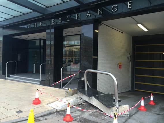 The damage to The Exchange building on Station Parade, Harrogate
