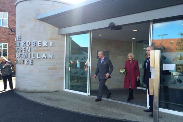 The Royal couple leaving the Sir Robert Ogden Macmillan Centre in Harrogate.