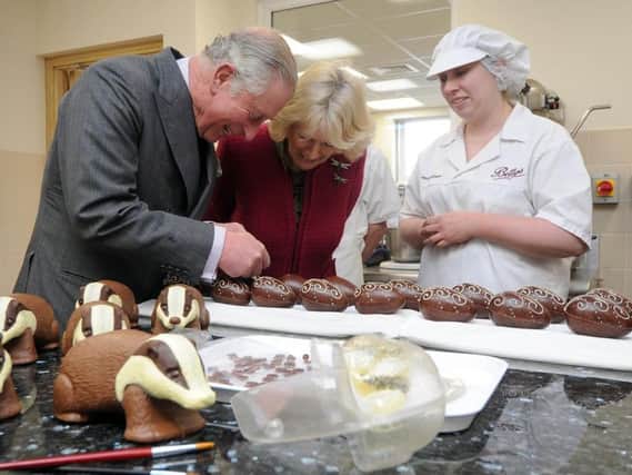 Picture James Hardisty.
The Duchess of Cornwall watches The Prince of Wales piping Easter Eggs during their visit of Taylors of Harrogate, Bettys Craft Bakery and Bettys Cookery School, Plumpton Park, Harrogate.