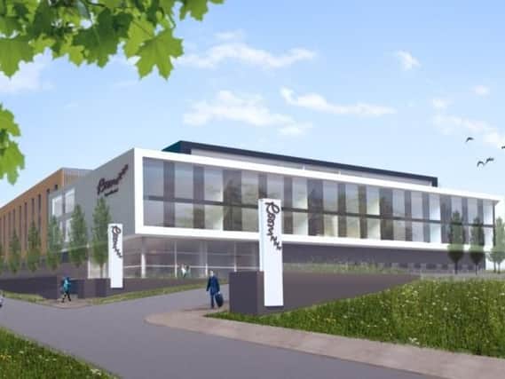 An architect's drawing of the proposed new Aparthotel at the Great Yorkshire Showground, Harrogate.