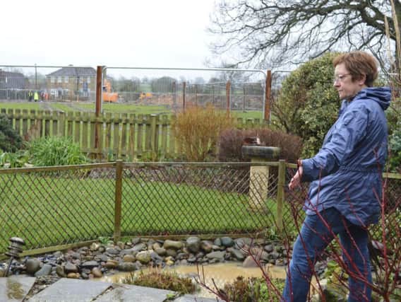 Chelo Lloyd in her flooded garden, which backs on to the site of the 56-home development.